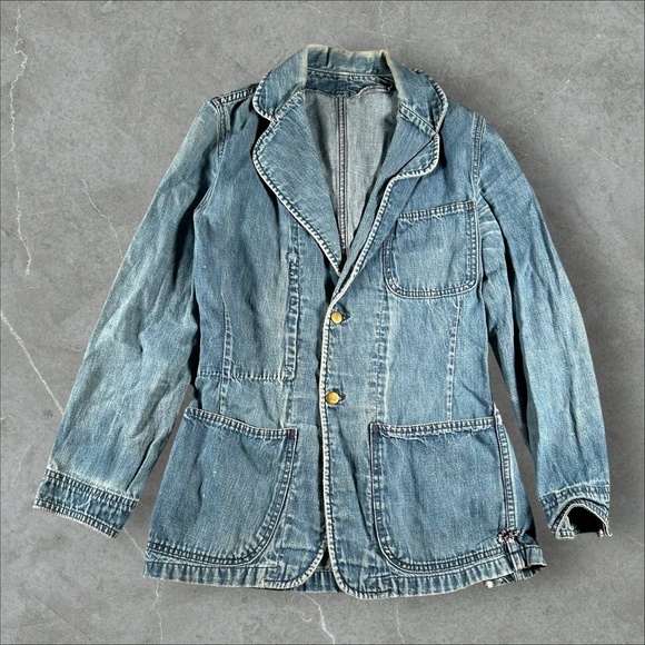 Vintage Denim Blazer Chore Jacket Men Small Blue Workwear Distressed 60s 70s Lee